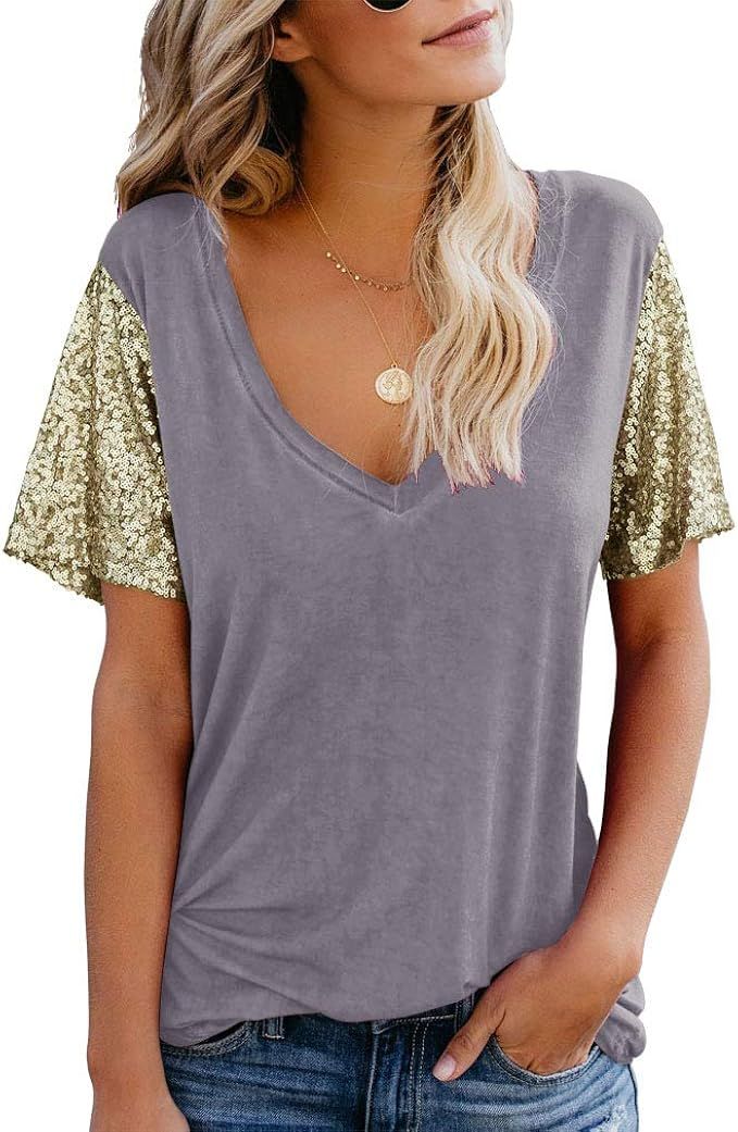 Topstype Women's Sequin Short Sleeve Tee V Neck T Shirts Glitter Sparkles Loose Blouse Tops | Amazon (US)