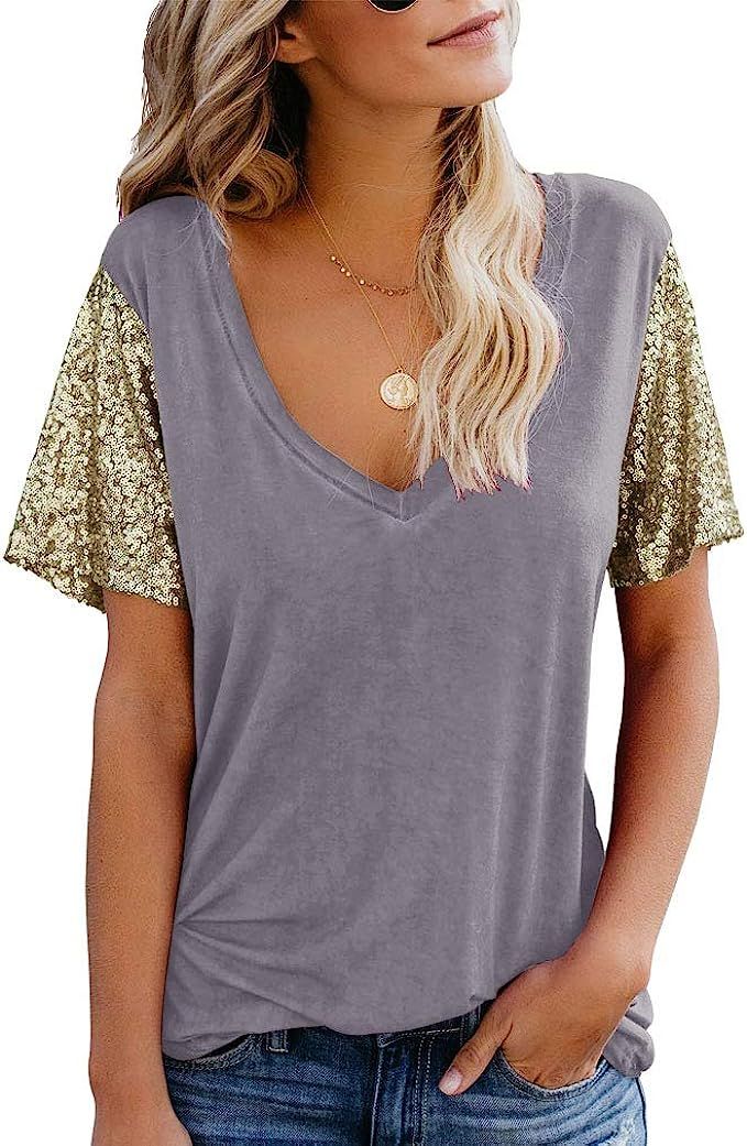 Topstype Women's Sequin Short Sleeve Tee V Neck T Shirts Glitter Sparkles Loose Blouse Tops | Amazon (US)