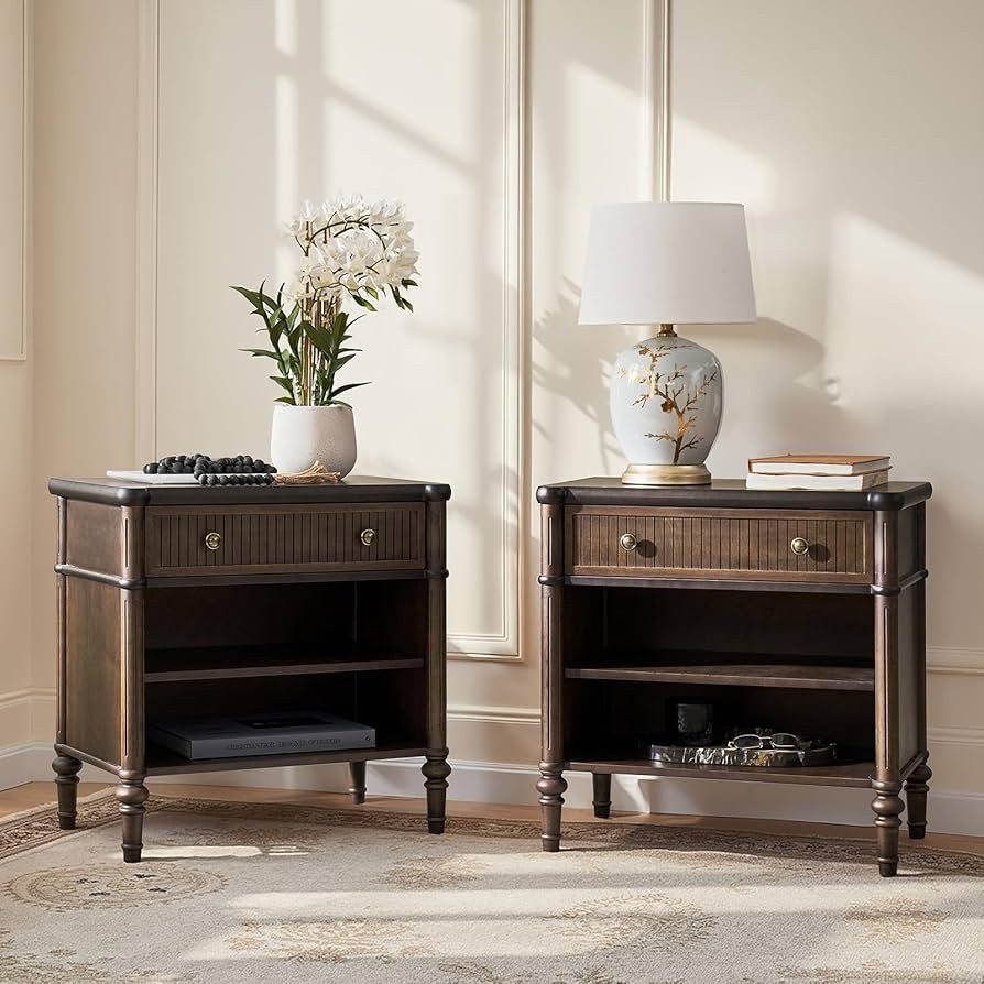 HULALA HOME Traditional Nightstand Set of 2 with One Drawer and 2 Open Storage, Fluted Night Stan... | Amazon (US)
