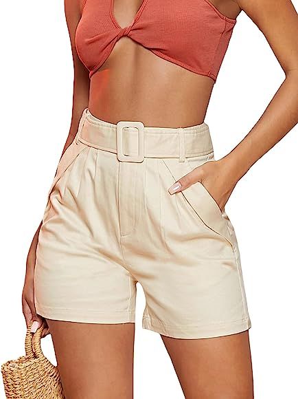 Verduas Women's Summer High Waist Belted Work Office Pleated Shorts with Pockets | Amazon (US)