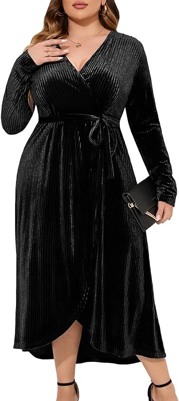 ZOMVA Plus Size Long Velvet Wrap Dress Long Sleeves Bodycon Ruched Maxi Elegant Party Wedding Gue... | Amazon (US)