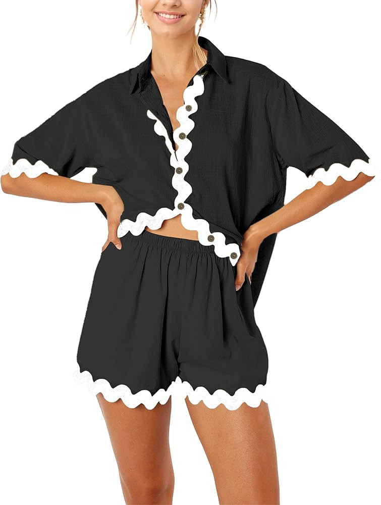 Womens 2 Piece Beach Vacation Outfits Button Down Short Sleeve Shirts and Shorts Summer Casual Lo... | Amazon (US)