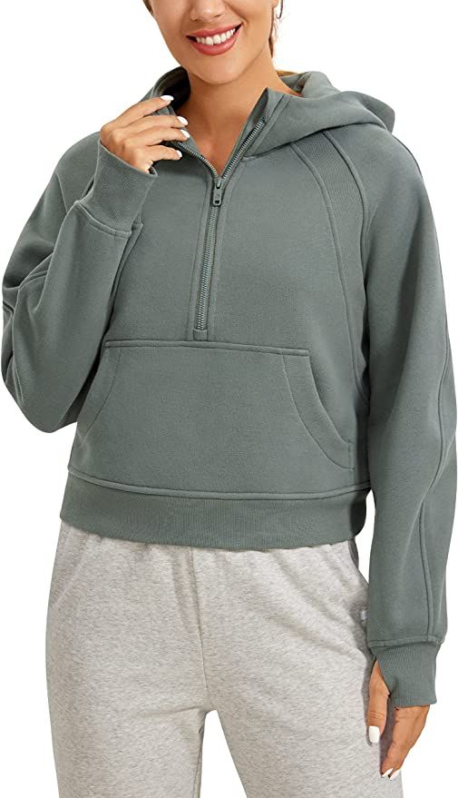 CRZ YOGA Fleece Lined Hoodies for Women Half-Zip Pullover Cropped Sweatshirt with Thumb Hole at A... | Amazon (US)