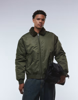 ASOS DESIGN bomber jacket with faux fur collar in khaki  | ASOS | ASOS (Global)