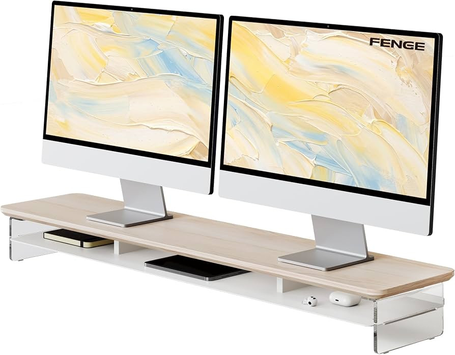 Fenge 42.5" Dual Monitor Stand with Clear Acrylic Legs, Oak | Amazon (US)