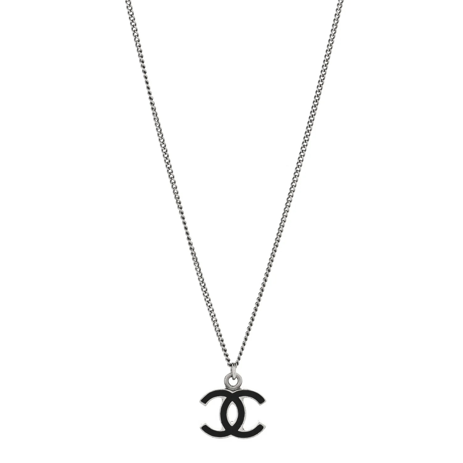 CHANEL Enamel CC Pendant Necklace Black Silver | FASHIONPHILE (US)