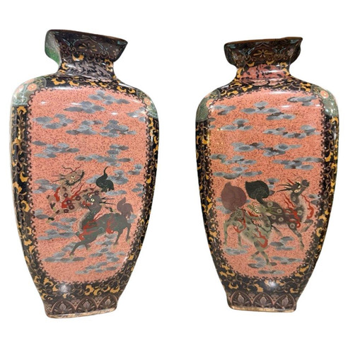 Pair of Japanese Cloisonne Enamel Vases with Kirin, Tiger, Dragon and Phoenix M