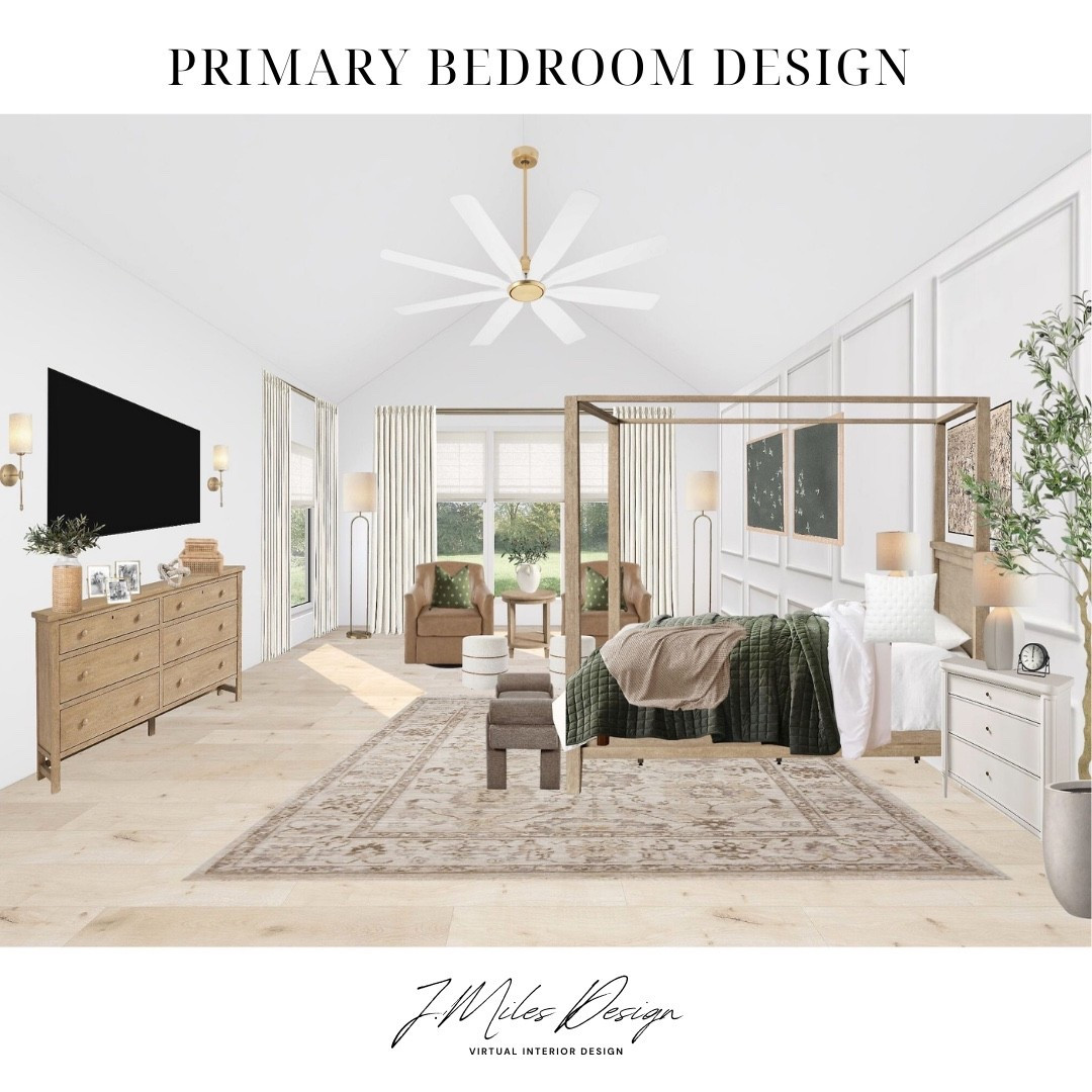 Modern Classic Primary Bedroom ✨
This restful retreat blends timeless warmth with modern details. A statement canopy bed anchors the room, layered with cozy textures in earthy greens and soft neutrals. Symmetrical nightstands, oversized artwork, and a patterned rug tie the look together, while natural light and greenery keep the space fresh and inviting.

#LTKhome #LTKinteriordesign #bedroomdesign #LTKhomefinds #neutralhome #modernclassic #bedroominspo

#LTKHome #LTKSaleAlert