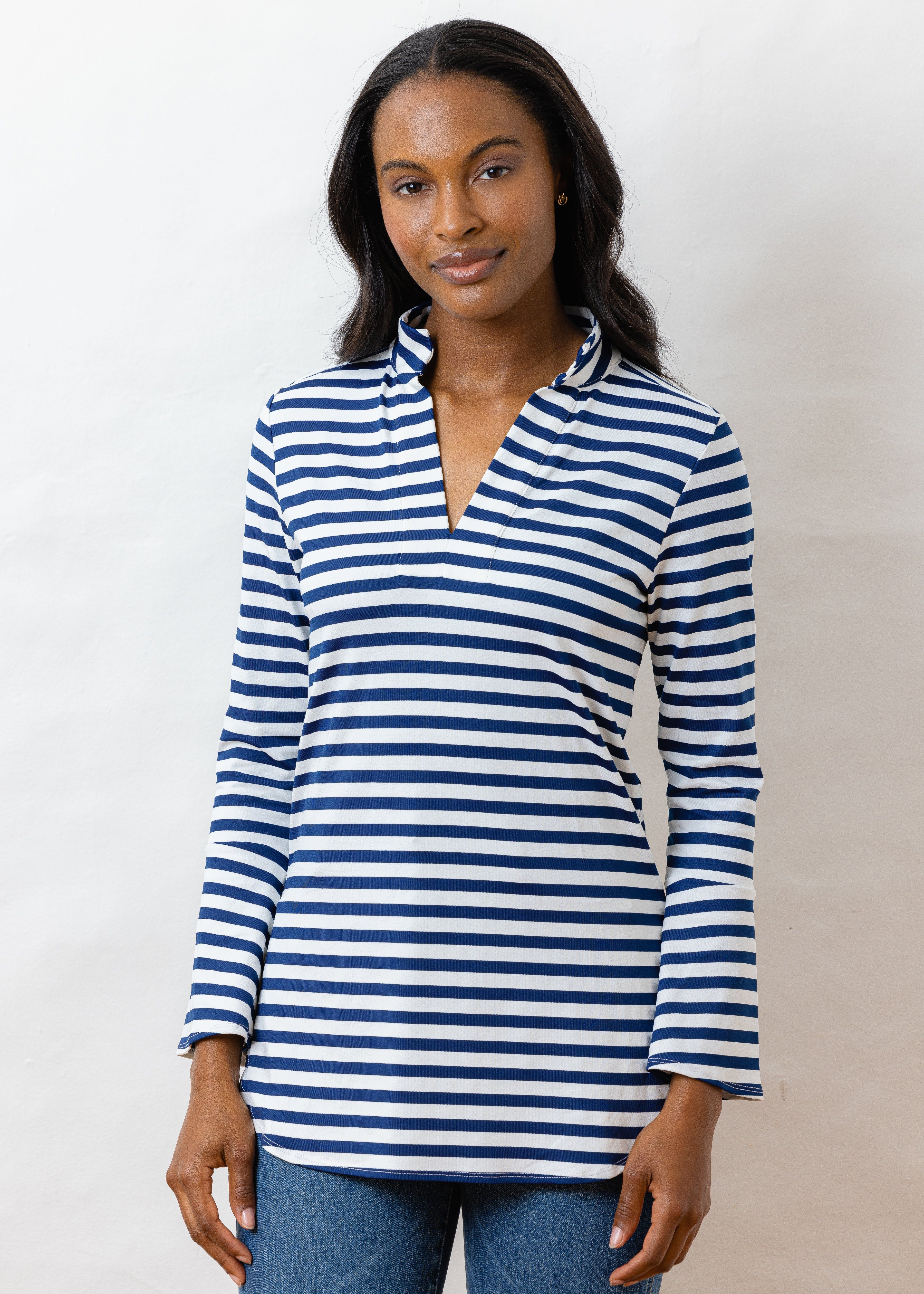 India Bell Sleeve Tunic in Repreve® Striped Jersey (Navy / White) | Dudley Stephens