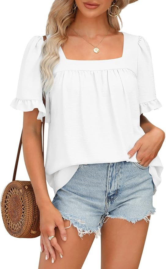 BZB Womens Summer Peplum Tops Sqaure Neck Ruffle Sleeve Blouses Fit Flowy Shirts S-2XL | Amazon (US)