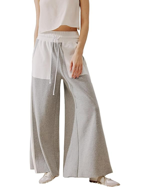 Women's Wide Leg Pants High Waisted Casual Flowy Pants Patchwork Two-Tone Color Block Drawstring ... | Amazon (US)