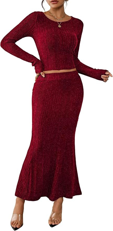 HUUSA Skirt Sets for Women 2 Piece Outfits 2026 Fall Crop Top Maxi Skirt Set Going Out Dress Tren... | Amazon (US)