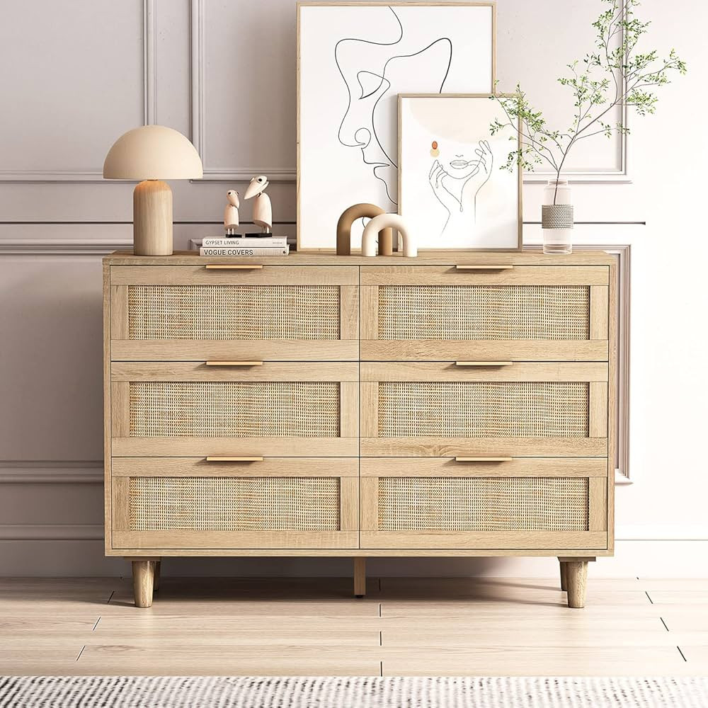 Angel Sar 43" Rattan 6 Drawers Dresser, Wide Wood Dresser for Bedroom, Chest of Drawers with Stor... | Amazon (US)