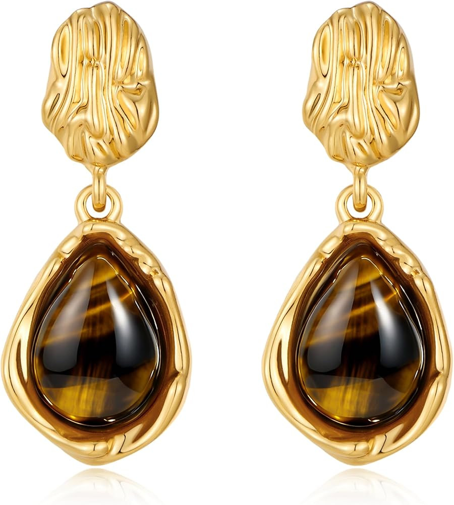 Teardrop Dangle Earrings for Women 14K Gold Plated Textured Brown Tiger Eye Drop Earring Statemen... | Amazon (US)
