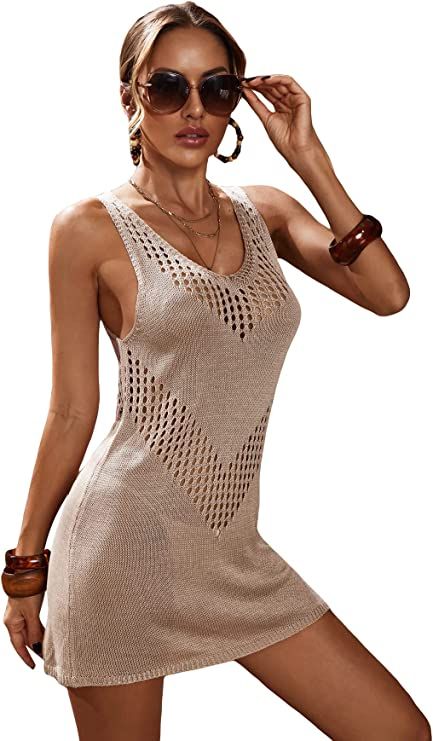 SOLY HUX Women's Swim Cover Up Summer Hollow Out Sleeveless Beach Bikini Swimsuit Cover Up Dress | Amazon (US)