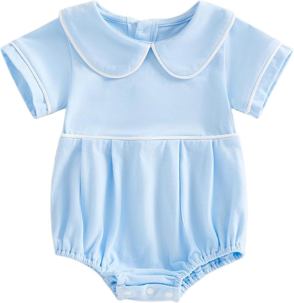 Newborn Baby Boy Girl Clothes Short Sleeve Solid Bubble Romper Doll Collar Bodysuit Shirt Summer Outfit 0-18M | Amazon (US)