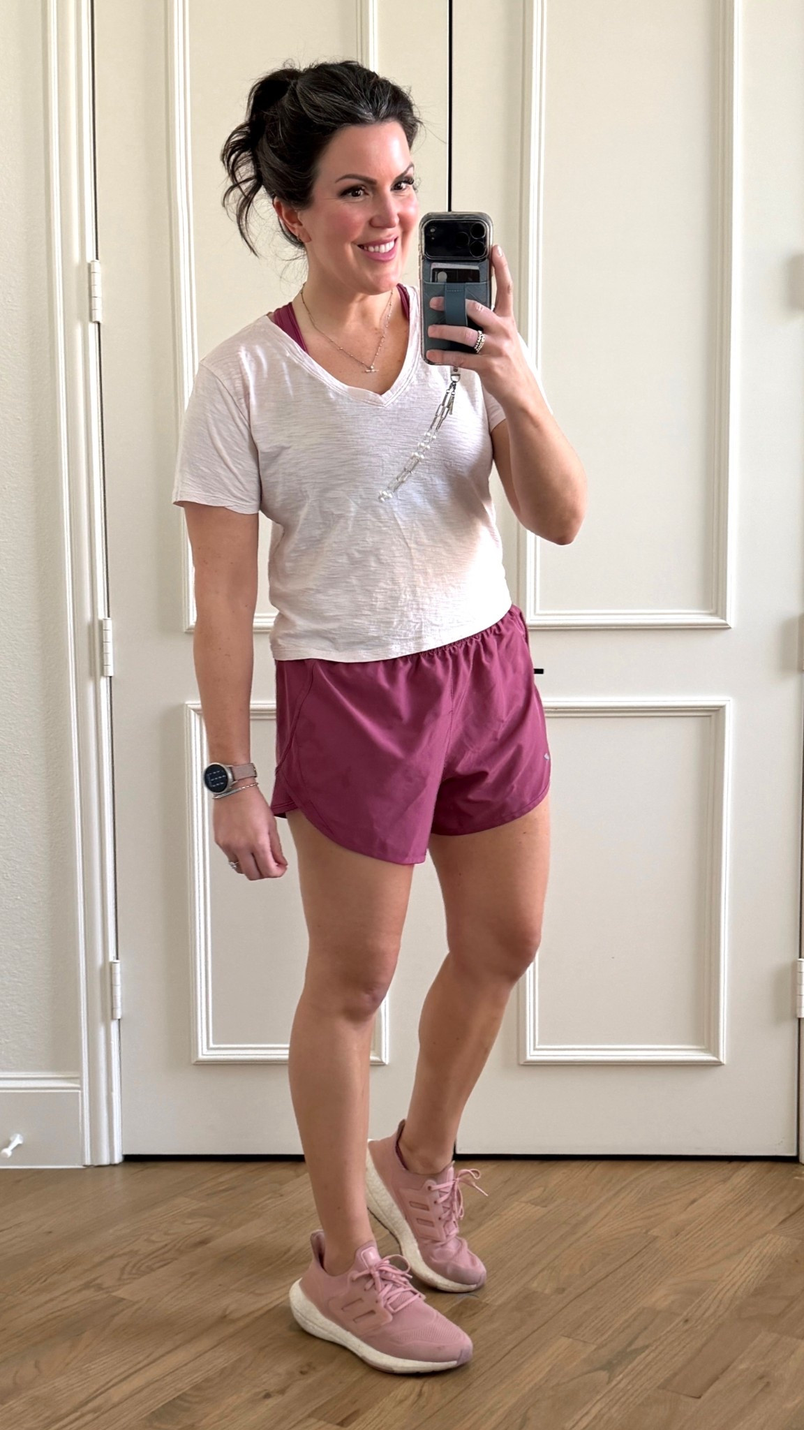 Feeling rosy today! Pastel rose tee fits tts I own every color for summer. It’s my favorite athletic or casual t-shirt. Rose madder match bra and shorts. Cover match sneakers are old but I’ll link similar. 
Headed to the gym for some wellness today. IYKYK   

#LTKMidsize #LTKfitnessgoals #LTKselfcare