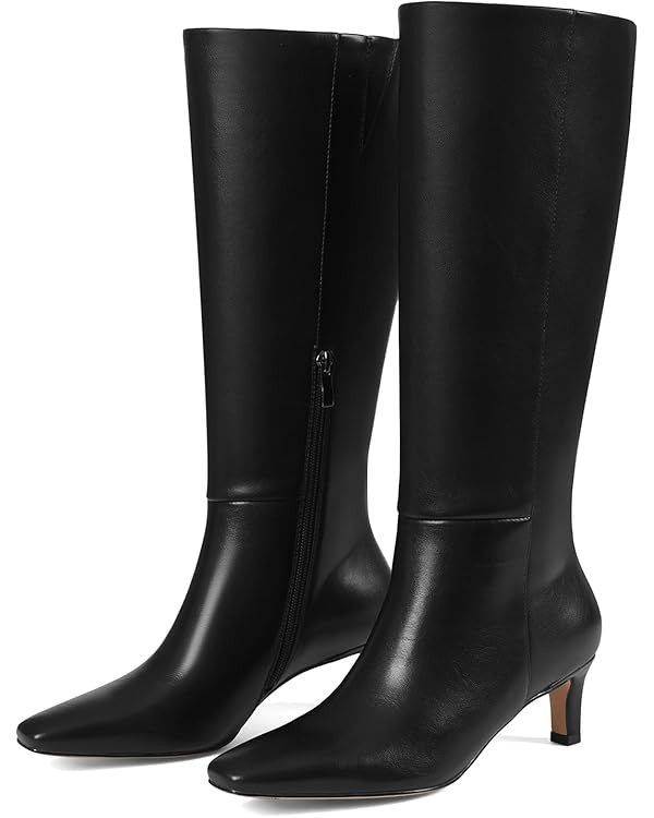 Knee High Long Boots for Women Wide Calf Kitten Low Heel Square Toe Leather Fall Winter Fashion T... | Amazon (US)