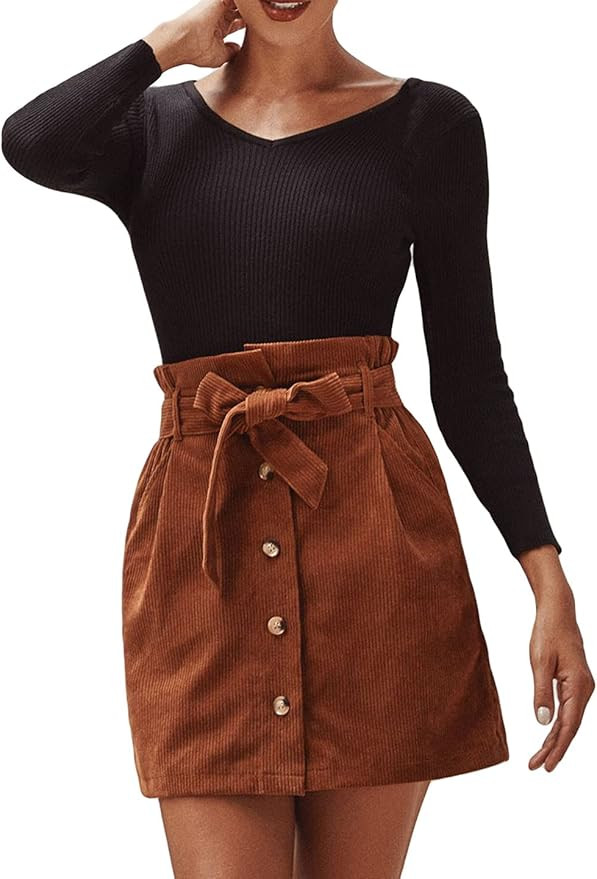 CHARTOU Women's Corduroy High Waist Button Down Paper Bag Belted Mini Skirt | Amazon (US)