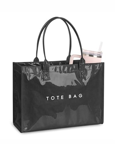 NPBAG Large PVC Tote Bag for Women, Kraft Paper Handbag Beach Tote with Letter Print, Top Handle Purse for Work Travel Shopping (Black) | Amazon (US)