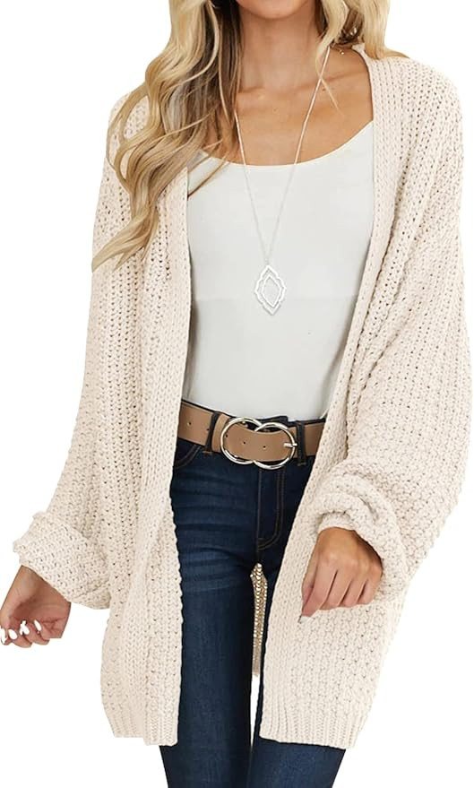 KYL Women's Open Front Chunky Knit Sweater Long Lantern Sleeve Oversized Cardigan with Pockets | Amazon (US)