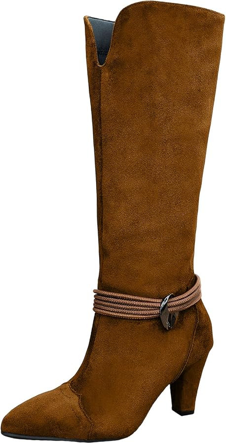 Cowboy Boots Woman Retro Western Suede High Heeled Knee High Boots Pointed Toe Chunky Heel Metal ... | Amazon (CA)