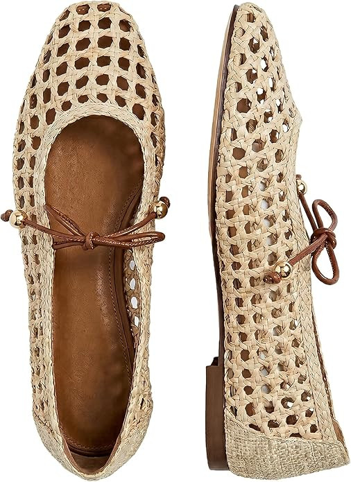 Women Woven Mesh Ballet Flats Raffia Lace up Ballerina Mary Jane Flats Fashion Casual Slip on Sho... | Amazon (US)