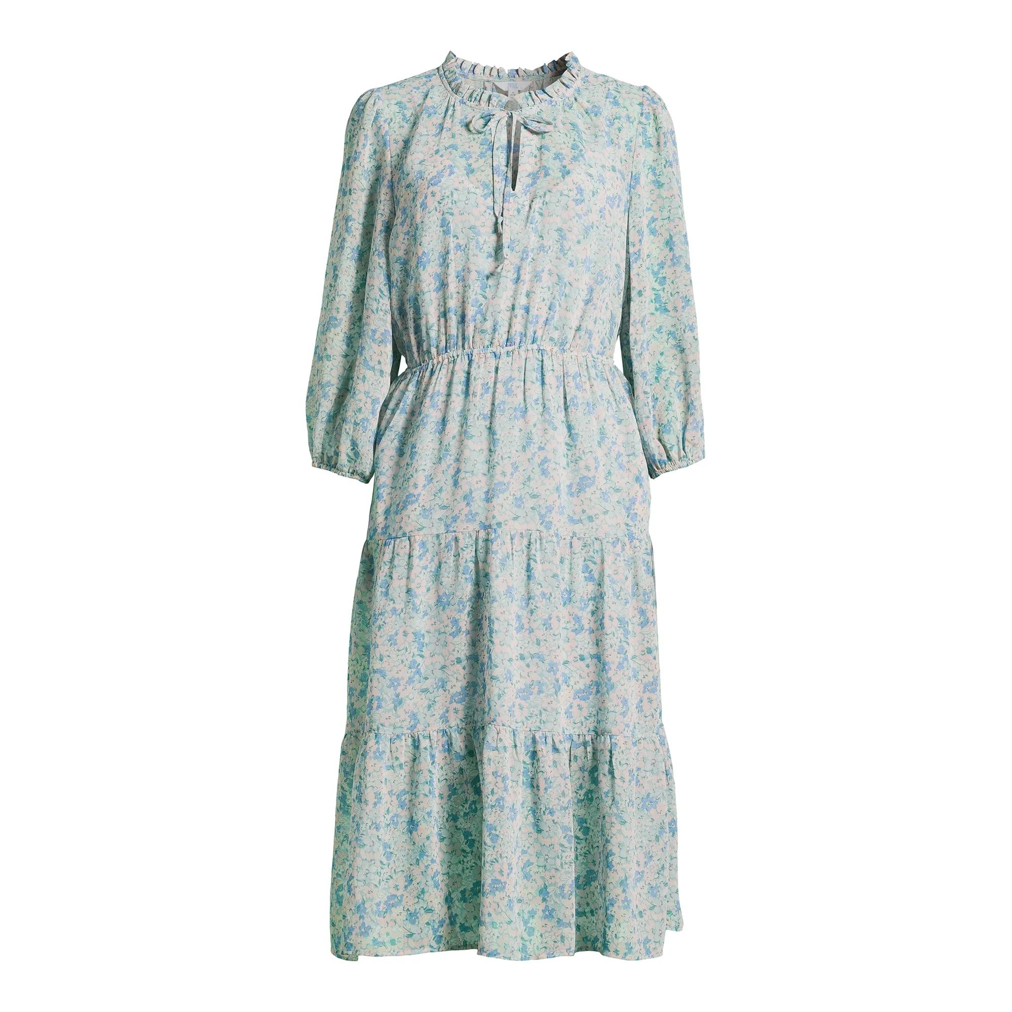 Time and Tru Women's Tiered Midi Dress with Puff Sleeves, Sizes XS-XXXL | Walmart (US)