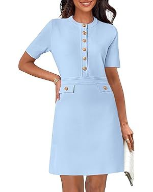 MEROKEETY Women's Knit Bodycon Sweater Dress Button Short Sleeve Crew Neck Elegant Formal Mini Dr... | Amazon (US)