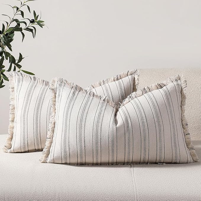 Striped Farmhouse Pillow Covers 12x20 Set of 2 Grey and Beige Throw Pillow Covers with Fringe Chi... | Amazon (US)