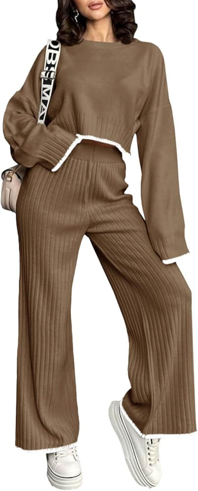 Tankaneo Womens 2 Piece Fall Outfits Long Sleeve Crop Top Wide Leg Pants Knit Pullover Lounge Set | Amazon (US)