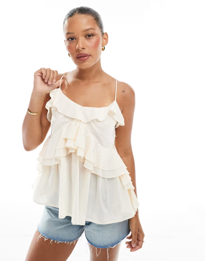 ASOS DESIGN ruffle cami top with tie straps in cream-White | ASOS (Global)