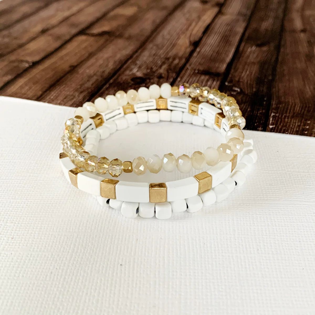 Boutique Bracelet Collection :: Meredith White & Gold Tile 3pc Set | Baubles & Bits