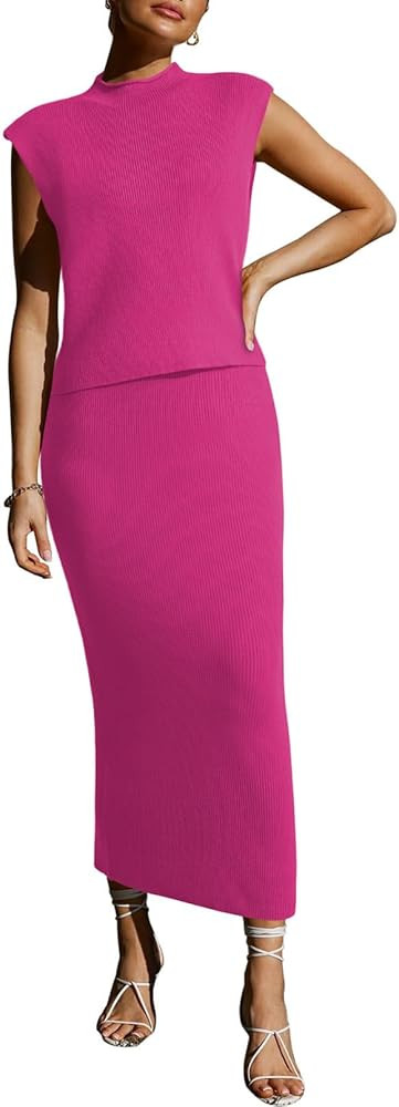Pink Queen Women's 2 Piece Sweater Outfits Set Sleeveless Crop Top Ribbed Split Bodycon Midi Long... | Amazon (US)