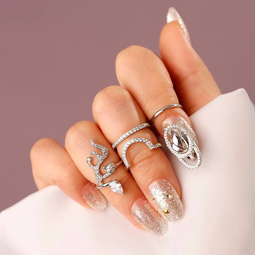 Statement CZ Crystal Beads Bling Silver Finger Ring Protective Nail Cap for Women Girls Fashion J... | Amazon (US)