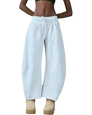 Womens Barrel Leg Sweatpant Mid Rise Elastic Waist Drawstring Casual Baggy Wide Leg Pants with Po... | Amazon (US)