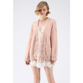 Pause for the Cozy Chunky Hand Knit Cardigan in Pink | Chicwish