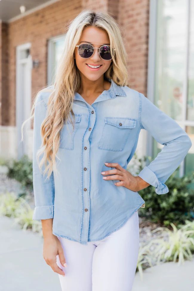Proudly Yours Chambray Shirt Light Blue | The Pink Lily Boutique