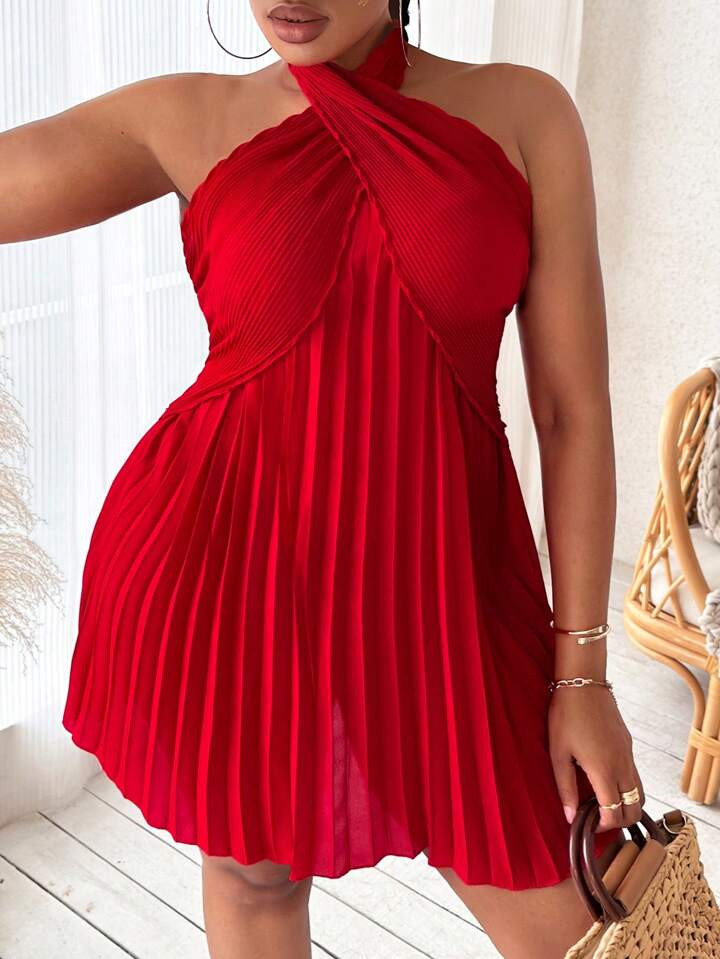 SHEIN Slayr Plus Cross Wrap Tie Backless Pleated Halter Dress | SHEIN