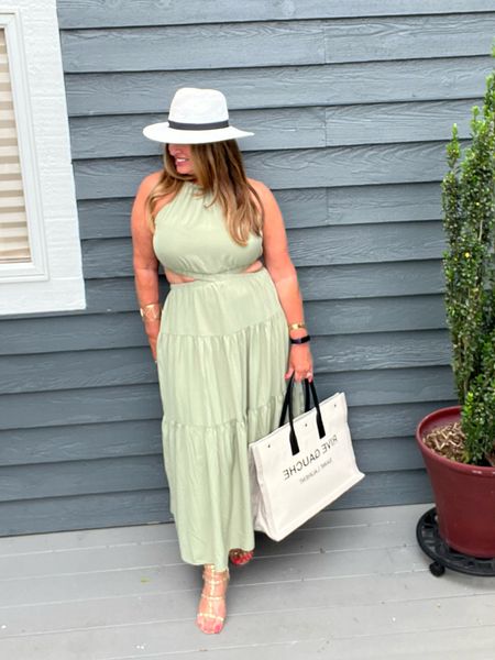 A beautiful pastel green maxi dress with side exposure cut outs and a pretty round halter neck it also features a tiered hem. Perfect for Summer nights and wonderful destinations. 

#LTKFestival 

#LTKMidsize #LTKOver40