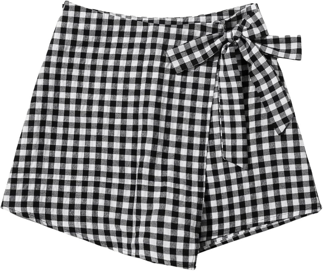 Floerns Women's Gingham Tie Side Wrap Skort High Waisted Zip Up Asymmetrical Shorts | Amazon (US)