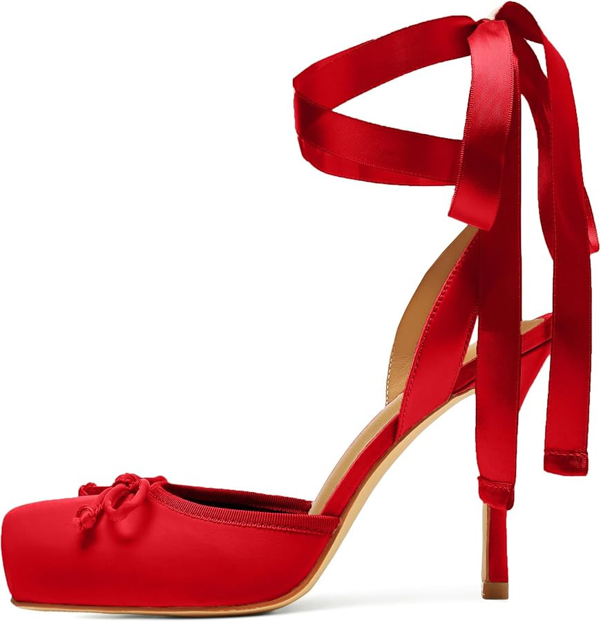 Riekhany Satin Ballet Heels for Women Closed Square Toe Bow Ballerina Heels Lace Up High Heel Sli... | Amazon (US)