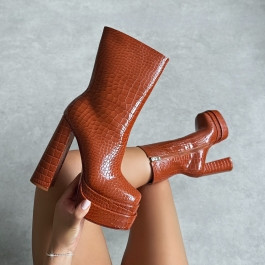 Martha Tan Faux Croc Double Platform Block Heel Ankle Boots | Simmi Shoes