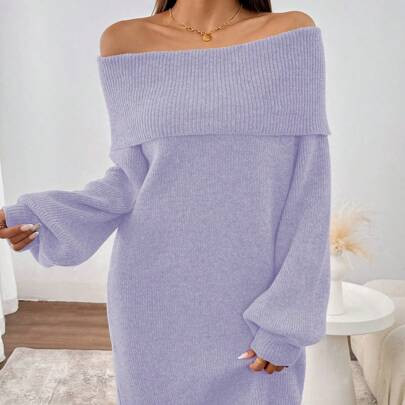 Grey Off Shoulder Lantern Sleeve Women's Sweater Dress | SHEIN