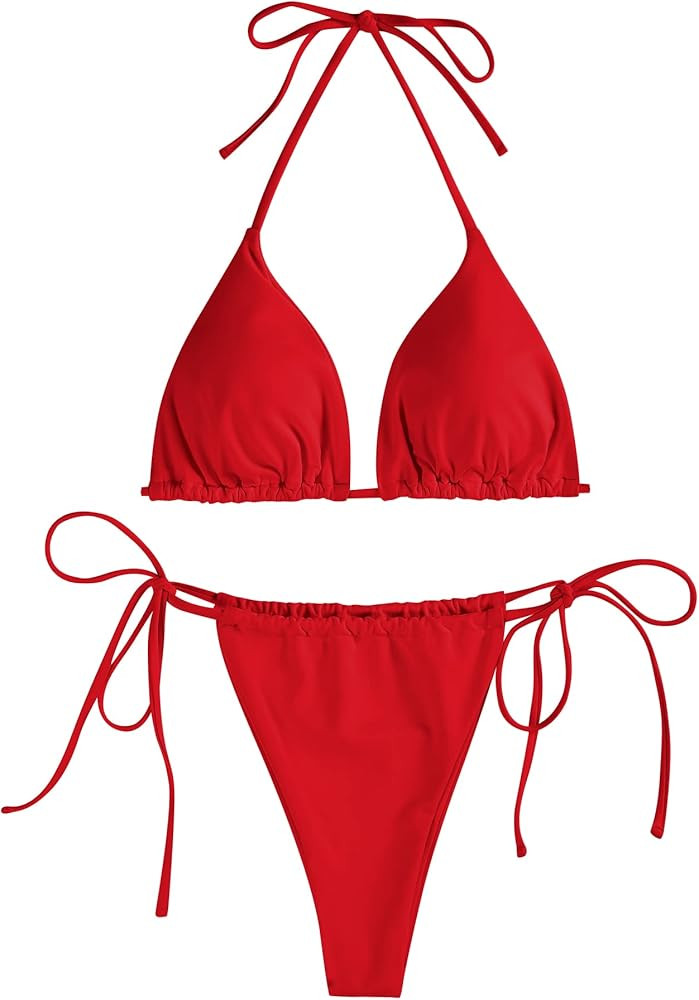 ZAFUL Triangle Bikini for Women 2 Piece Halter Bikini Sets Sexy High Cut Bathing Suit Side Tie Sw... | Amazon (US)