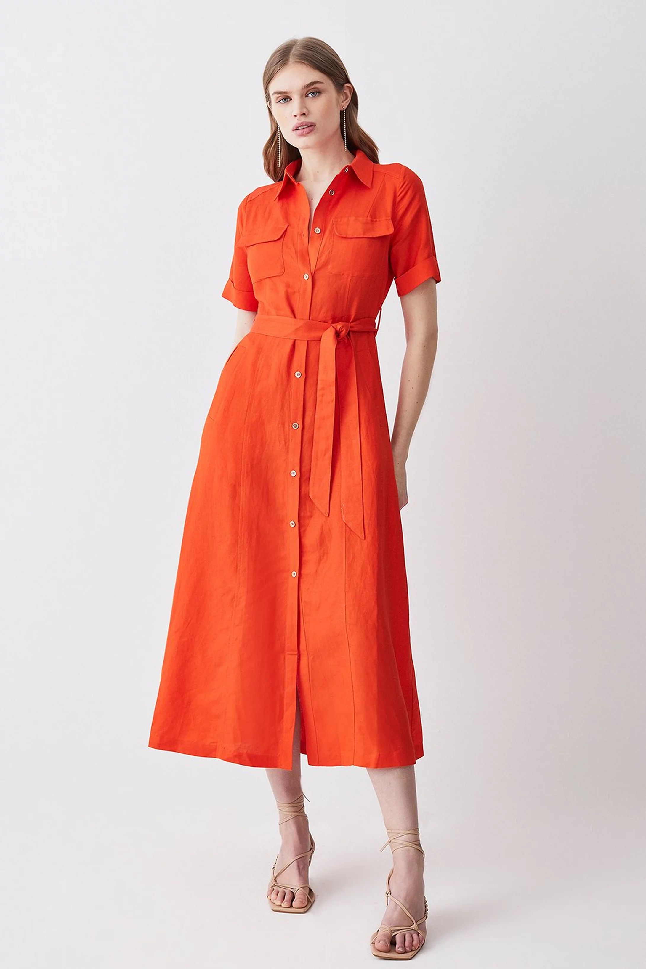 Linen Viscose Woven Midi Shirt Dress | Karen Millen US