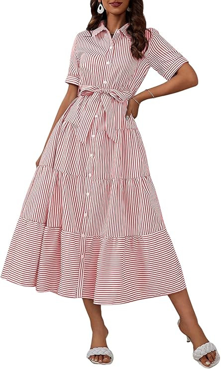 ebossy Women's Boho Striped Shirt Dress Button Down Belted Flowy Ruffles Loose A Line Maxi Long D... | Amazon (US)