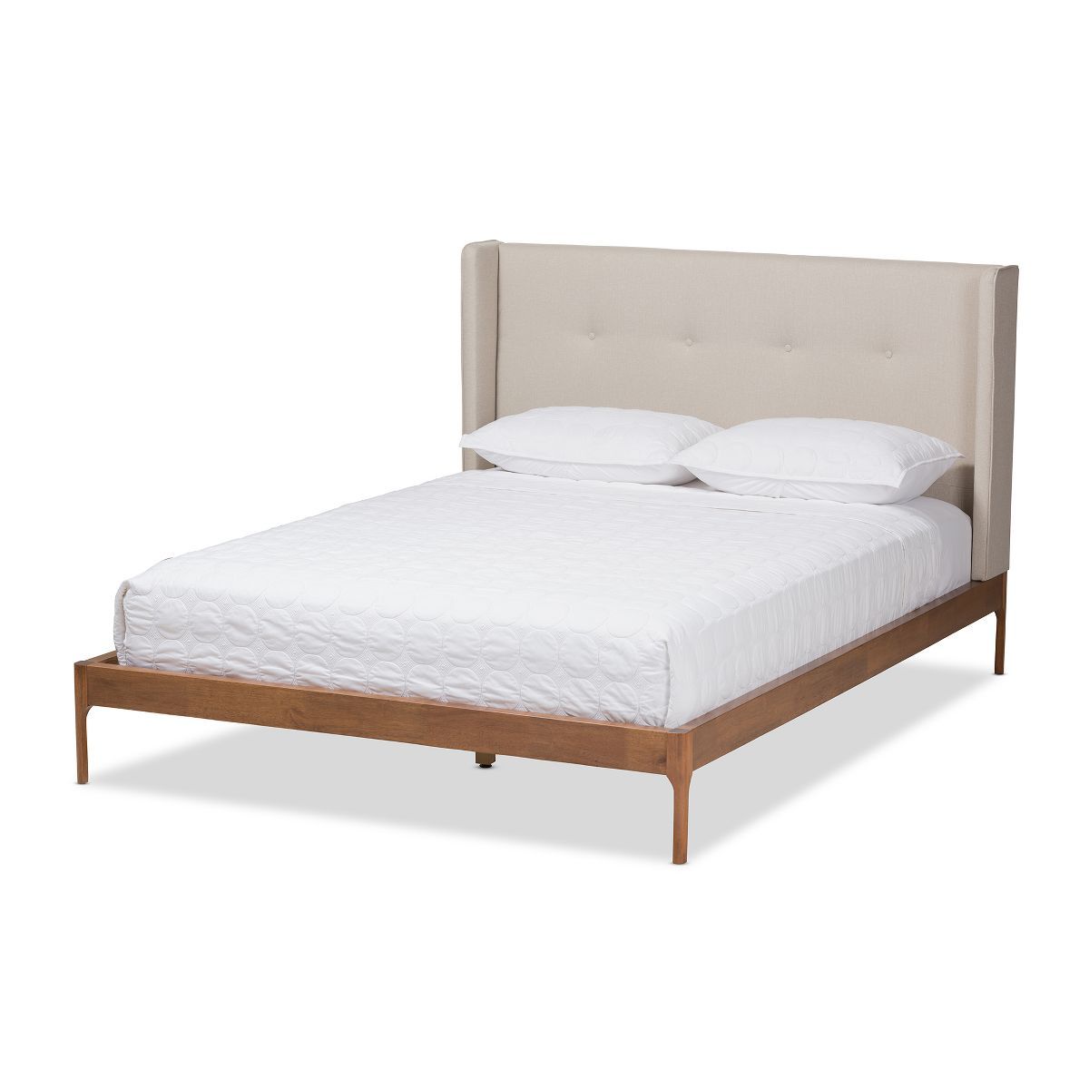 Brooklyn Mid Century Modern Walnut Wood Fabric Upholstered Platform Bed Beige - Baxton Studio | Target