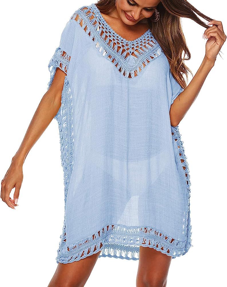 SIAEAMRG Swimsuit Cover Ups for Women, V Neck Hollow Out Swim Coverup Crochet Chiffon Summer Beach C | Amazon (US)