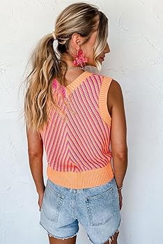 MARZXIN Womens Sleeveless Sweater V Neck Casual Strawberry Pink Contrast Chevron Knit V Neck Swea... | Amazon (US)